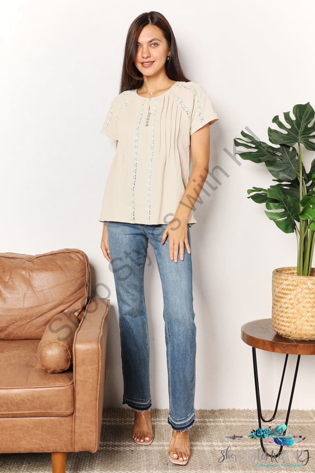 Crochet Buttoned Short Sleeves Top Shirts & Tops