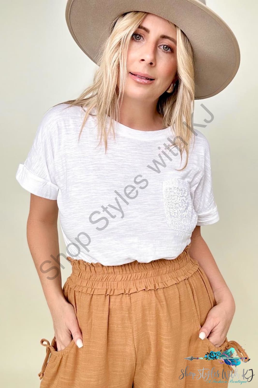 Gigio Cropped T-Shirt With Sequin Pocket And Tie Front Blouses