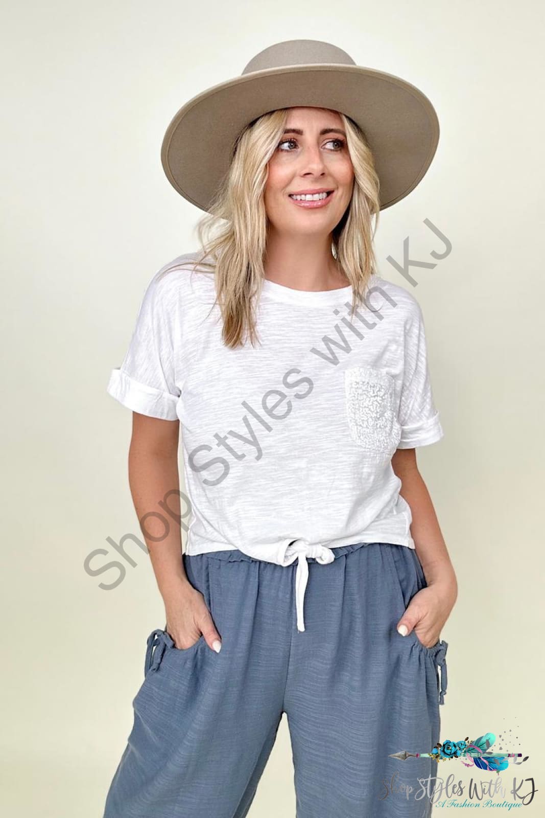 Gigio Cropped T-Shirt With Sequin Pocket And Tie Front Blouses