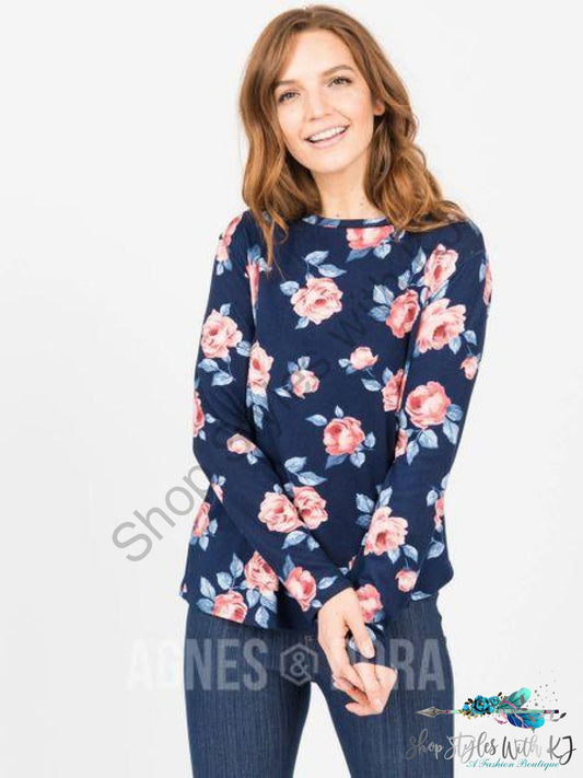 Cross Over Sweater Navy/blush Floral Sweater
