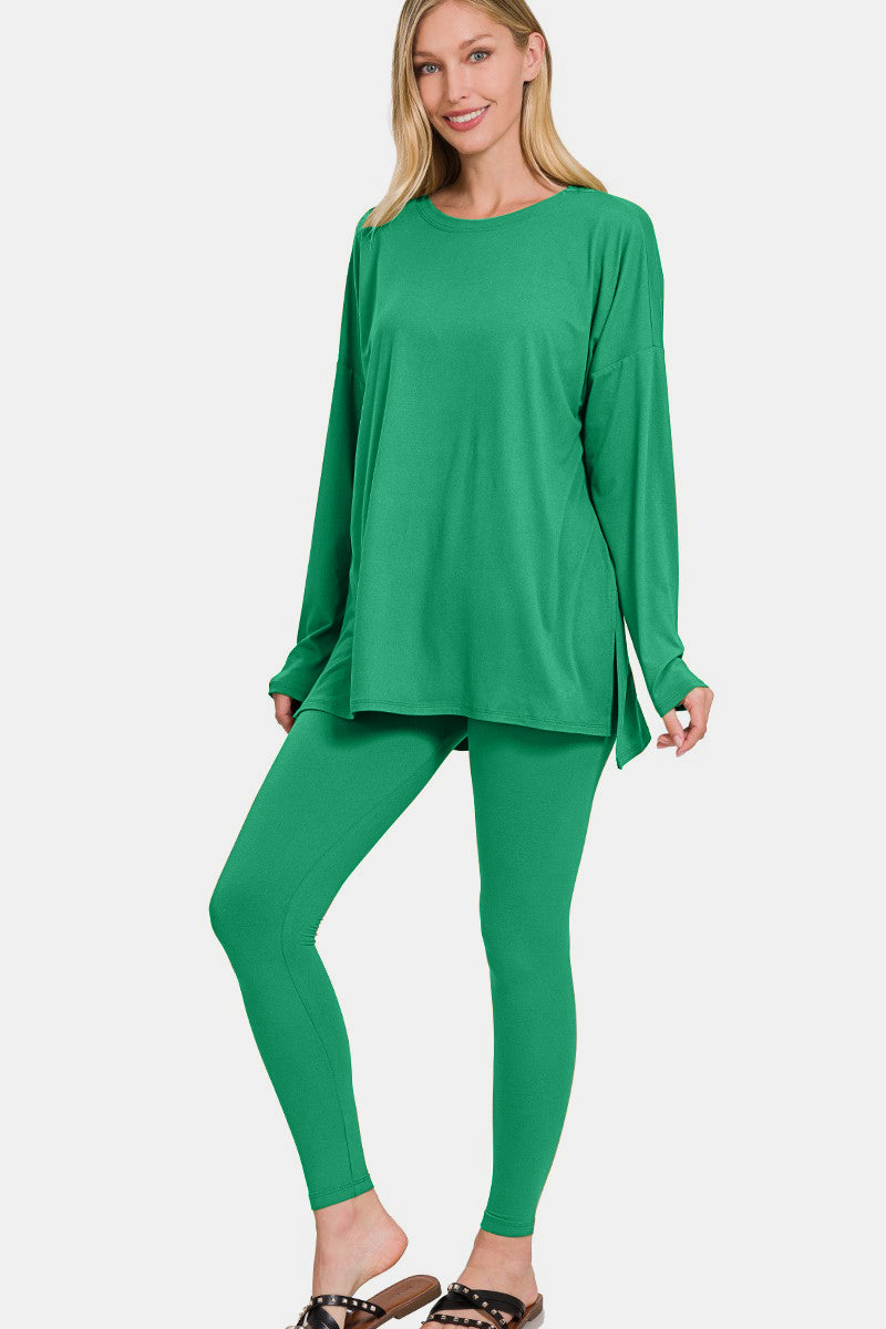 Brushed Microfiber Top and Leggings Lounge Set - Kelly Green