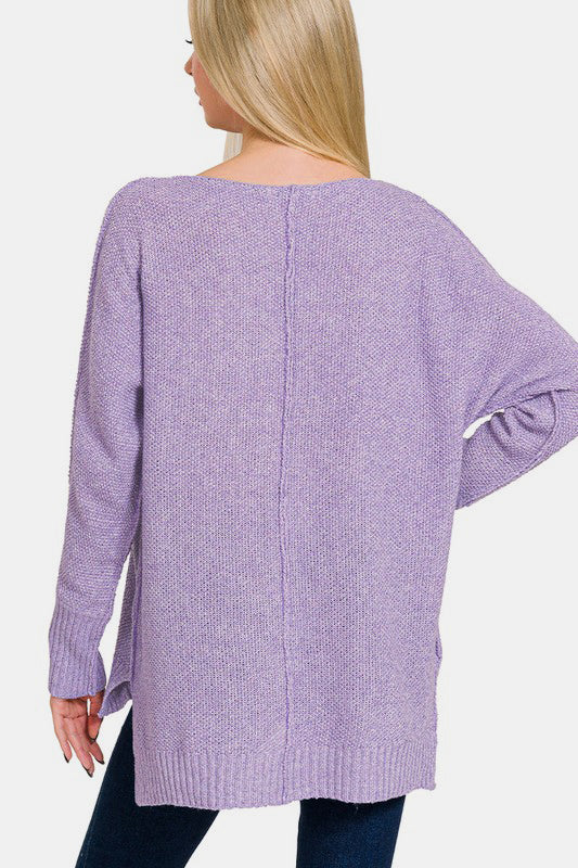 High-Low Center Seam V-Neck Sweater - Lavender