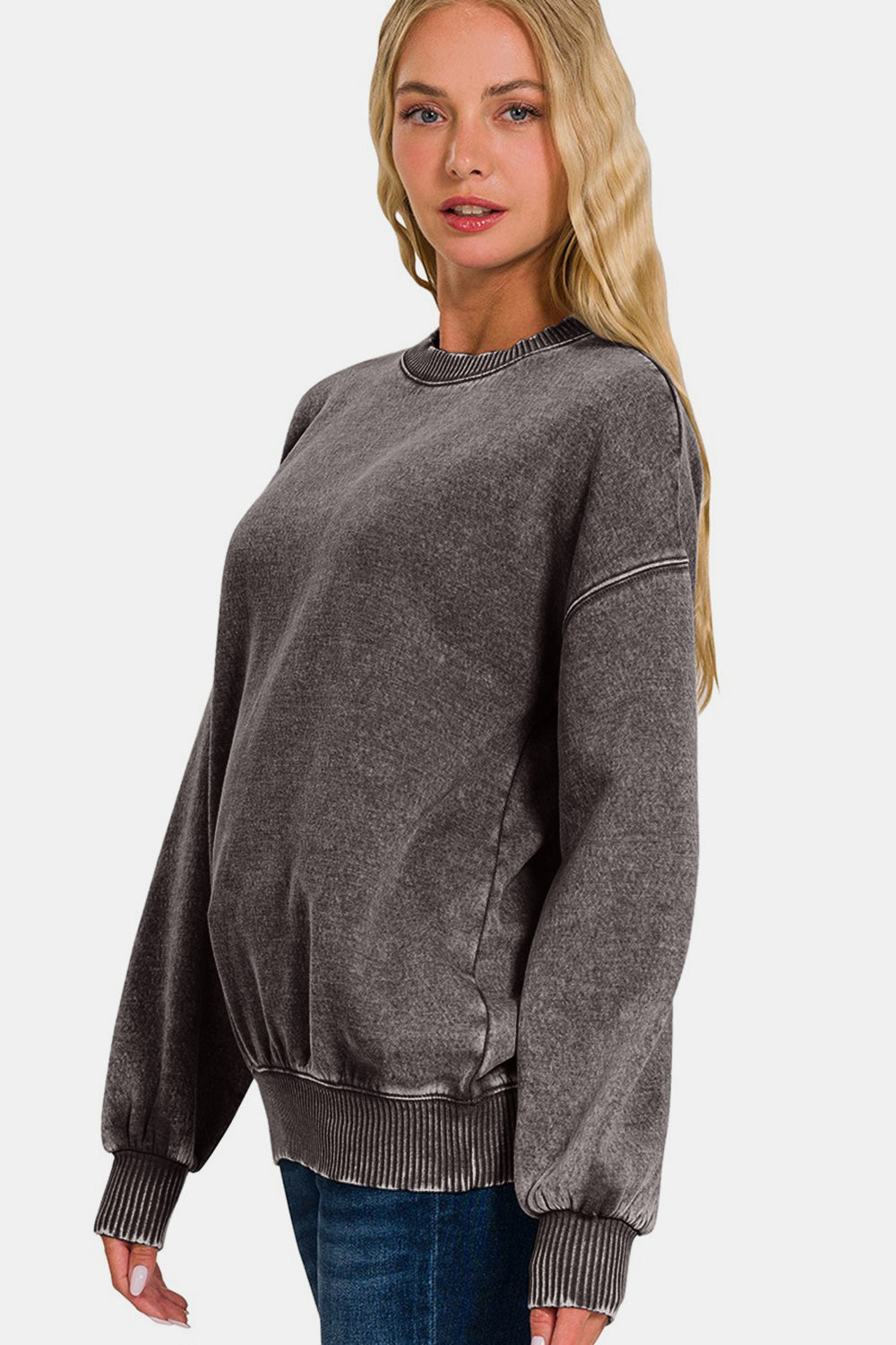 Acid Wash Fleece Long Sleeve Sweatshirt - Ash Black