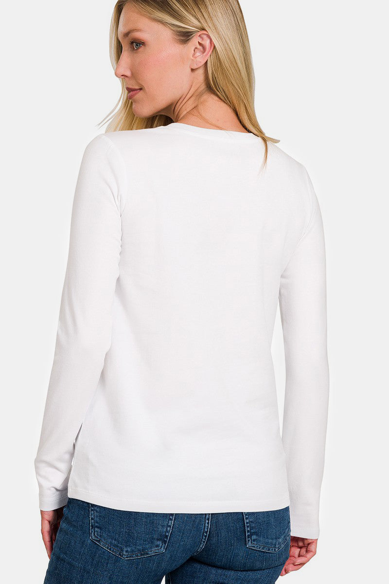 Solid Color Round Neck Long Sleeve T-Shirt - White