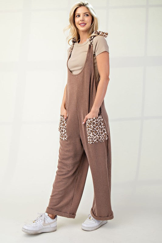 Ribbed Leopard Tied Shoulder Overalls