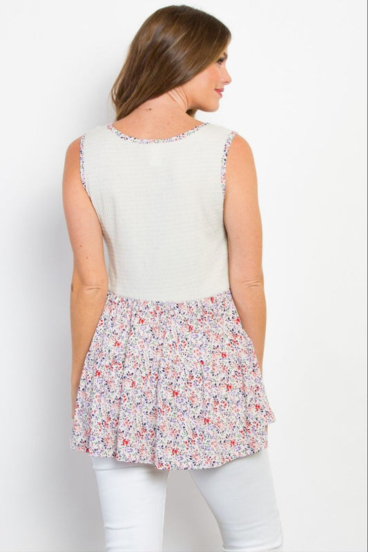 Smocked Printed Peplum Sleeveless Top