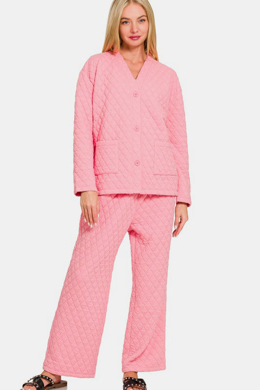 Quilted Button Up Long Sleeve Top and Pants Lounge Set - Pink