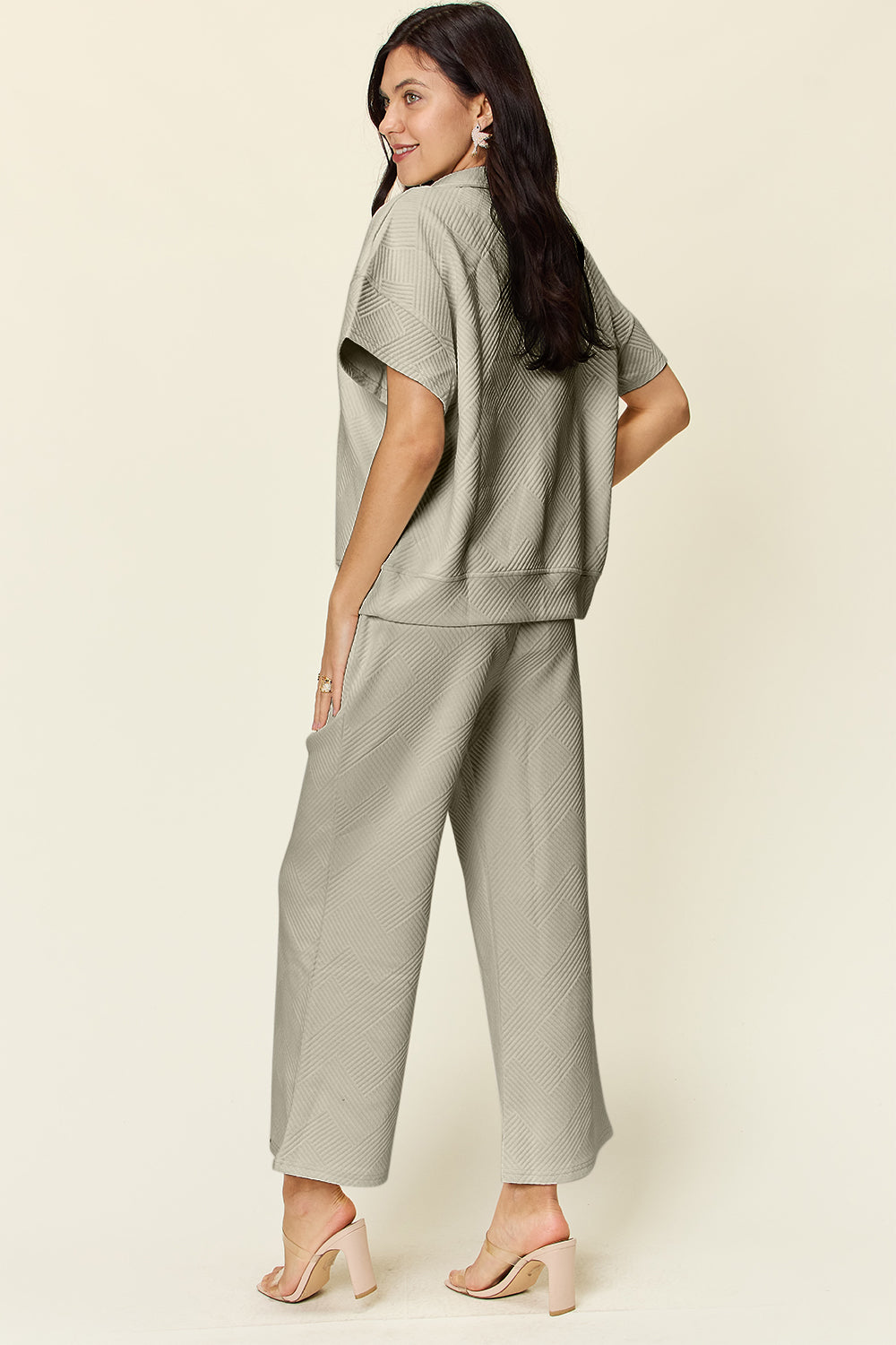 Texture Half Zip Short Sleeve Top and Pants Set - 6 Colors