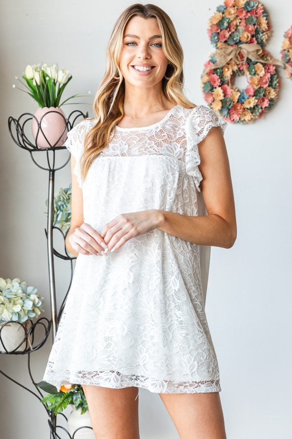 Round Neck Cap Sleeve Lace Top