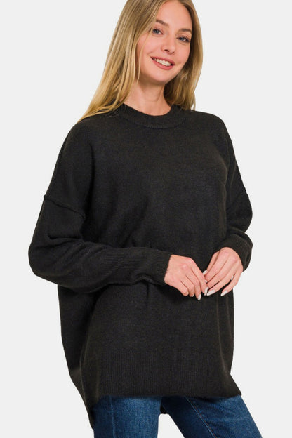 High-Low Hem Drop Shoulder Sweater - Black