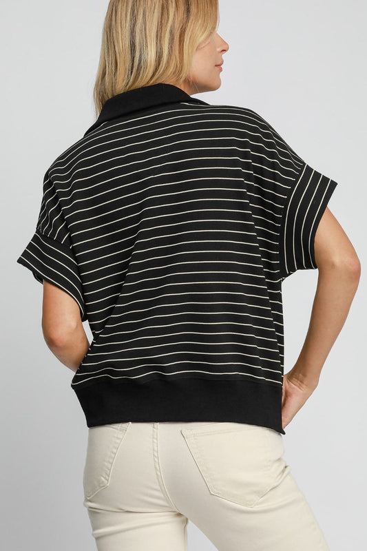 Striped Half Zip Short Sleeve Sweatshirt - Black