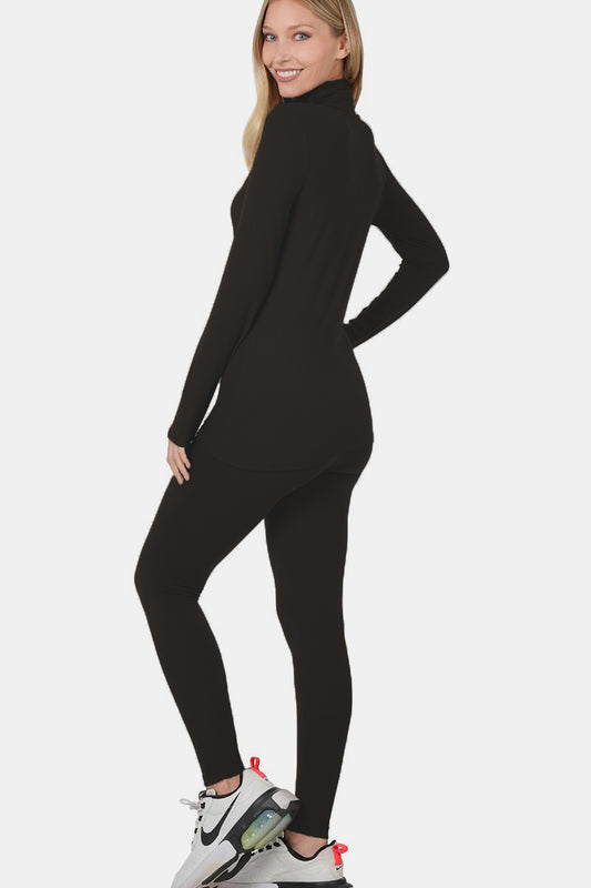 Turtleneck Top and Leggings Lounge Set - Black