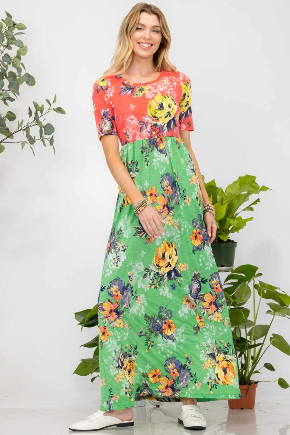 Printed Round Neck Short Sleeve Maxi Dress - 2 colors avail