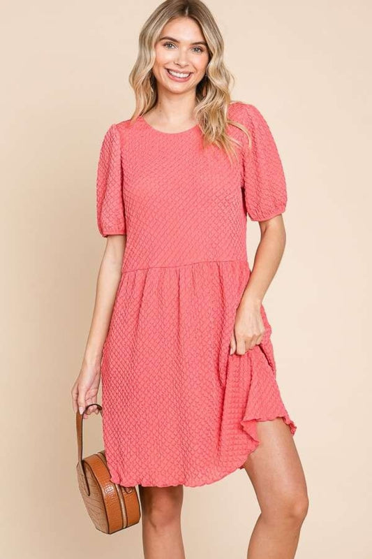 Textured Round Neck Puff Sleeve Dress - Coral Pink