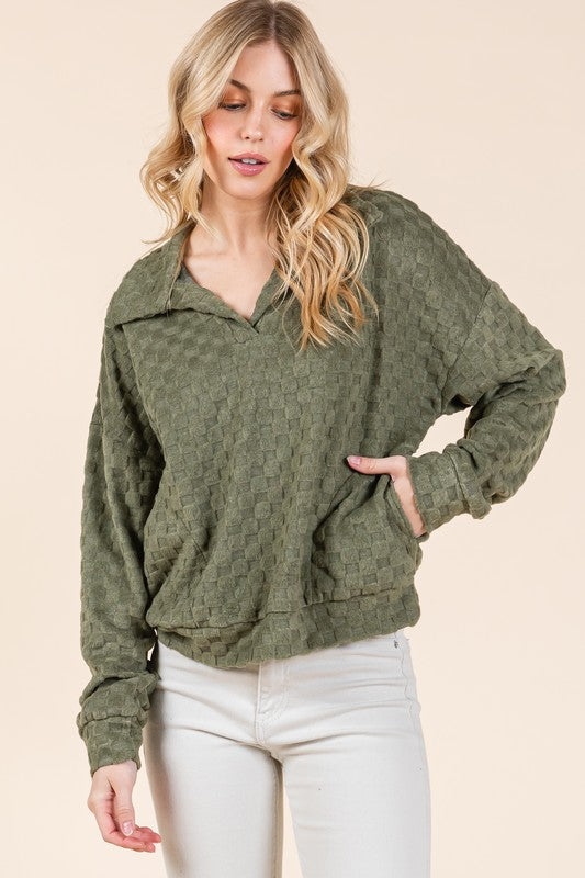 Fuzzy Checkered Collared Neck Sweatshirt with Side Pockets