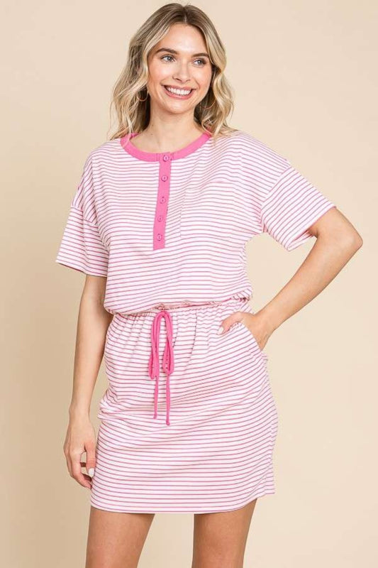 Striped Short Sleeve Mini Dress with Pockets