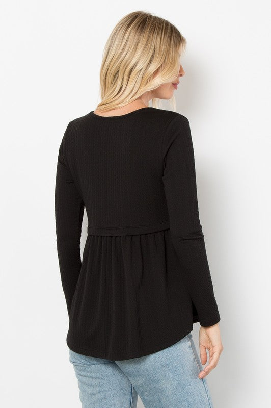 Texture Babydoll Round Neck Long Sleeve Knit Top -Black