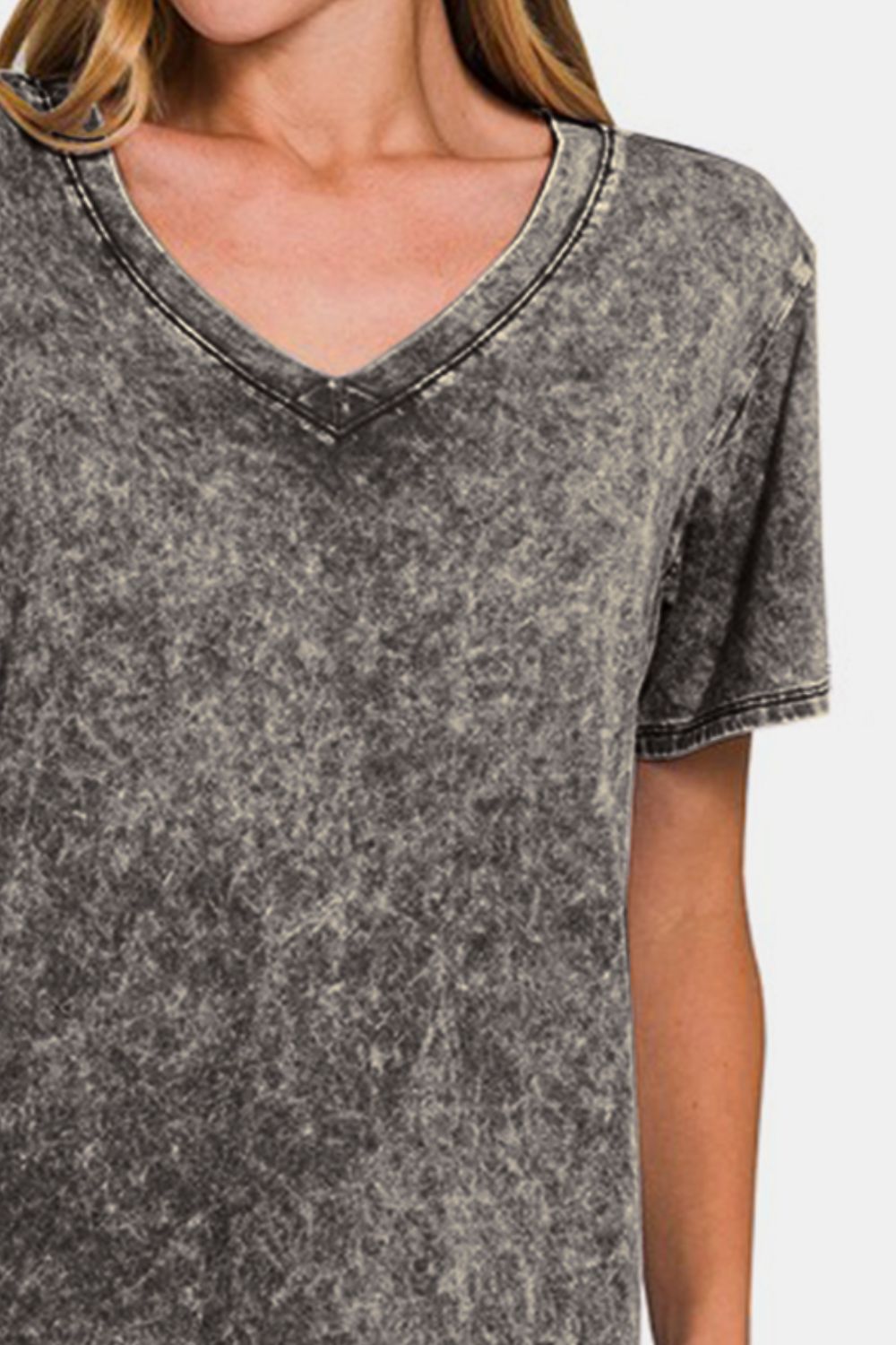 Washed Short Sleeve V-Neck T-Shirt - Gray