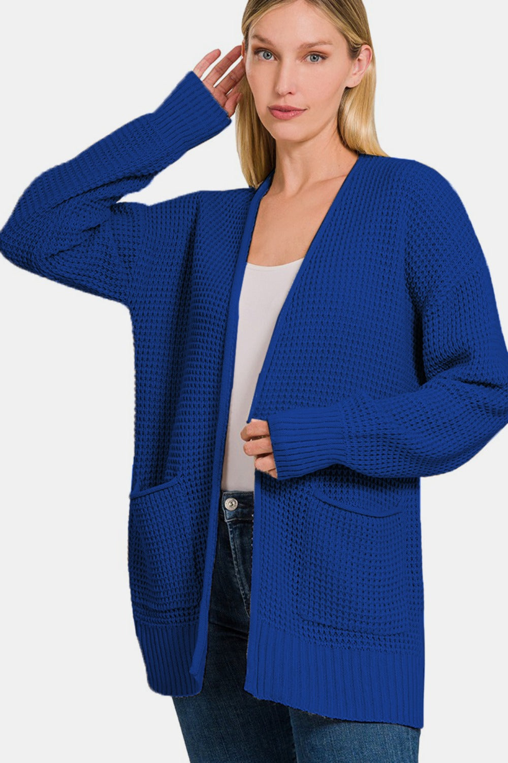 Waffle Open Front Sweater Cardigan - Navy