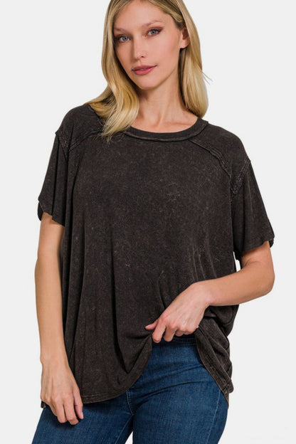 Washed Ribbed Short Sleeve Top - Black