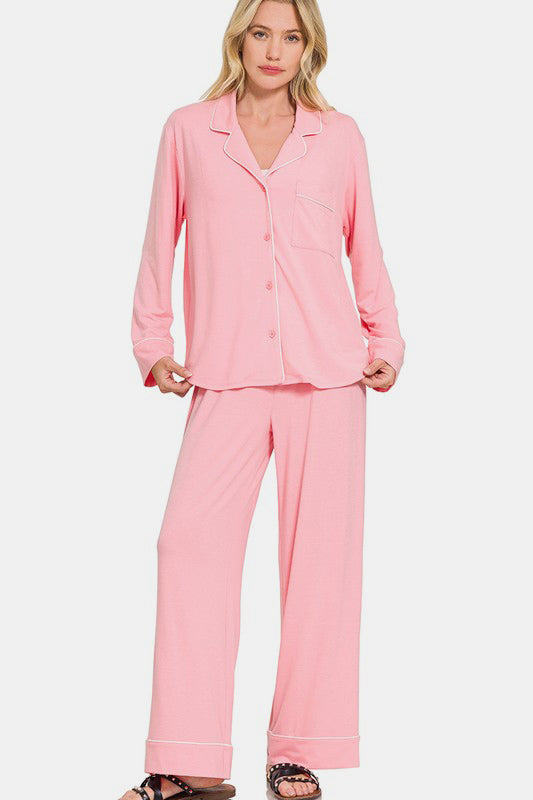 Button Down Long Sleeve Top and Pants Lounge Set - Pink