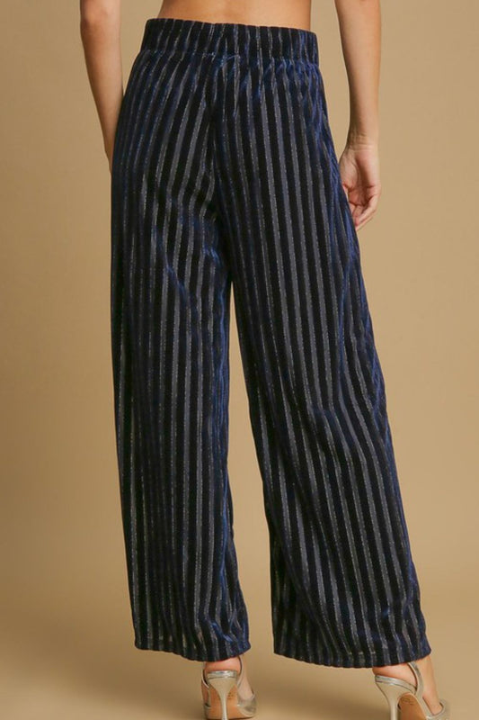 Elastic Waist Striped Wide Leg Velvet Pants - Navy