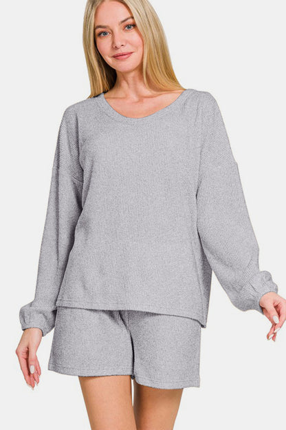 V-Neck Long Sleeve Ribbed Top and Shorts Set - Gray