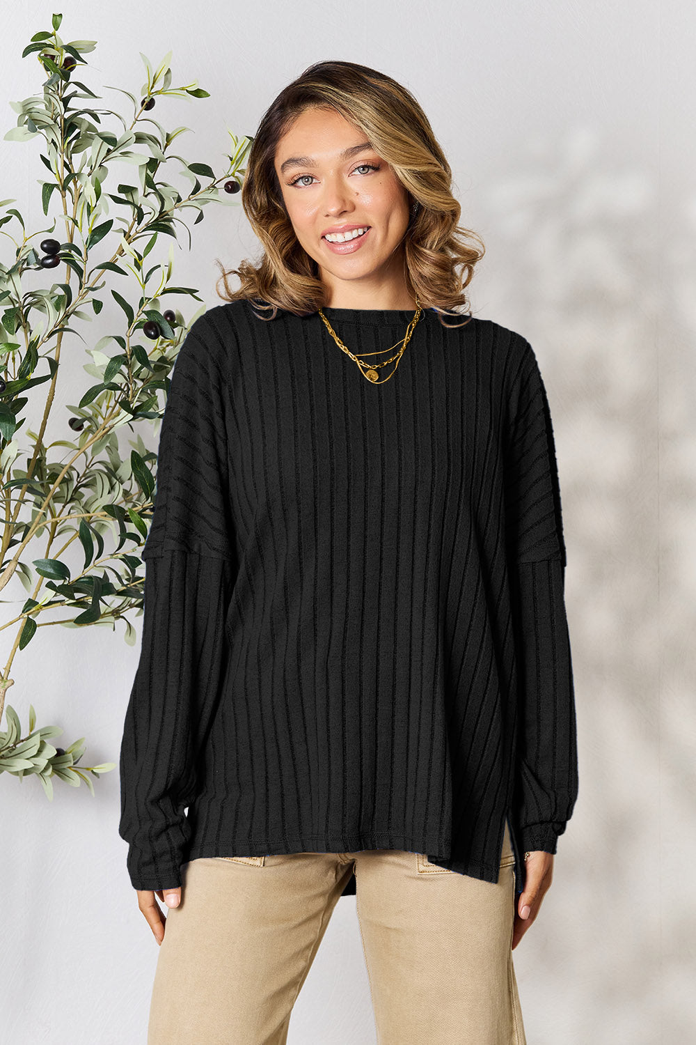 Ribbed Round Neck Slit Knit Top - 5 Colors