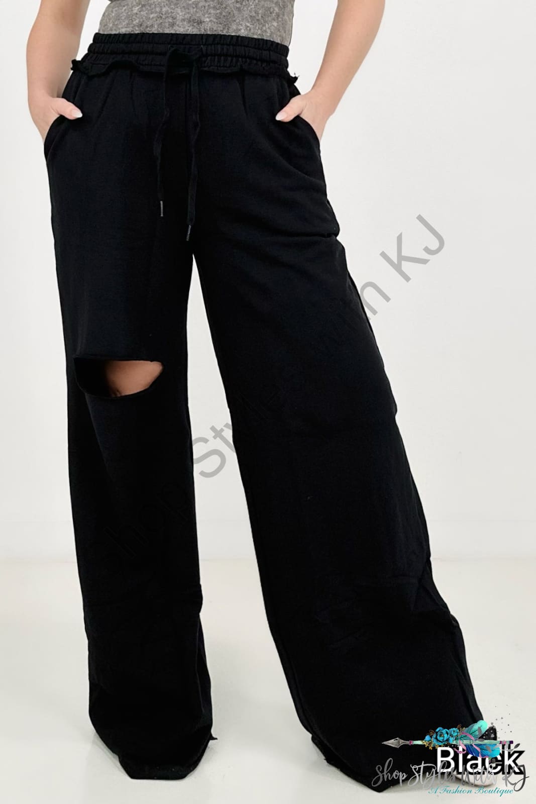 Distressed Knee French Terry Sweats With Pockets Black / S Pants