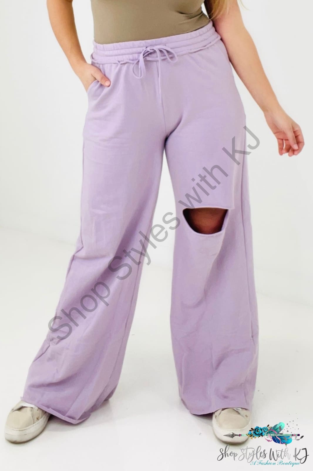 Distressed Knee French Terry Sweats With Pockets Dusty Lavender / S Pants