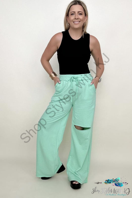 Distressed Knee French Terry Sweats With Pockets Green Mint / S Pants