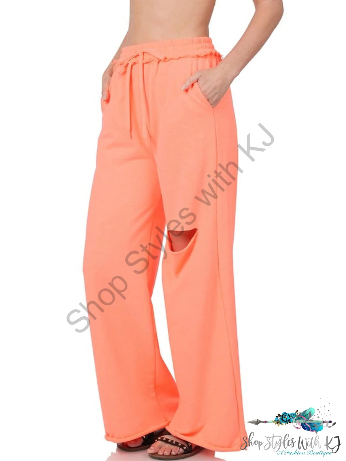 Distressed Knee French Terry Sweats With Pockets Neon Coral / S Pants