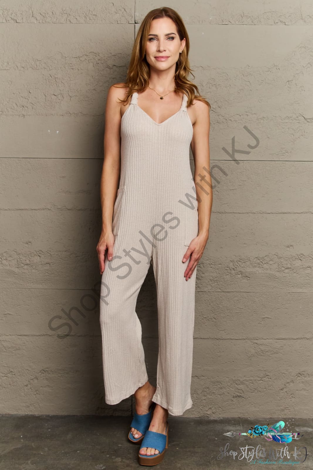 Heyson Dont Get It Twisted Full Size Rib Knit Jumpsuit Beige / S