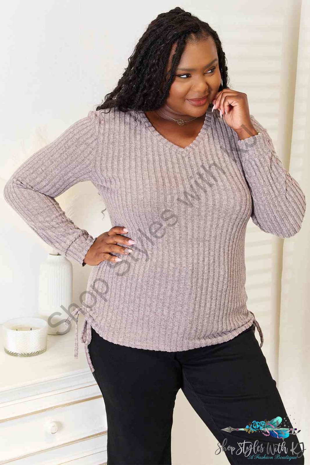 Drawstring Ribbed Long Sleeve T-Shirt Shirts & Tops