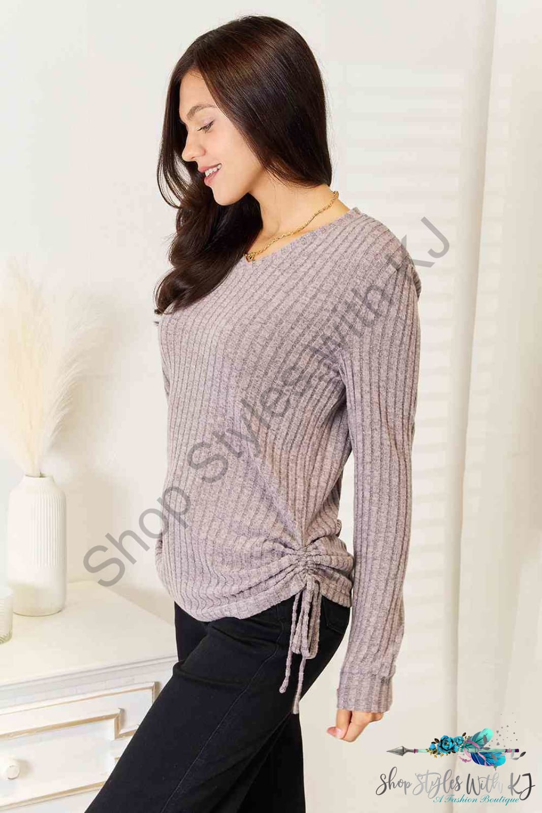 Drawstring Ribbed Long Sleeve T-Shirt Shirts & Tops