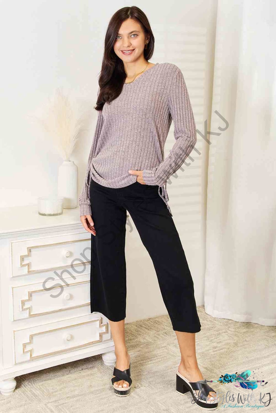 Drawstring Ribbed Long Sleeve T-Shirt Shirts & Tops