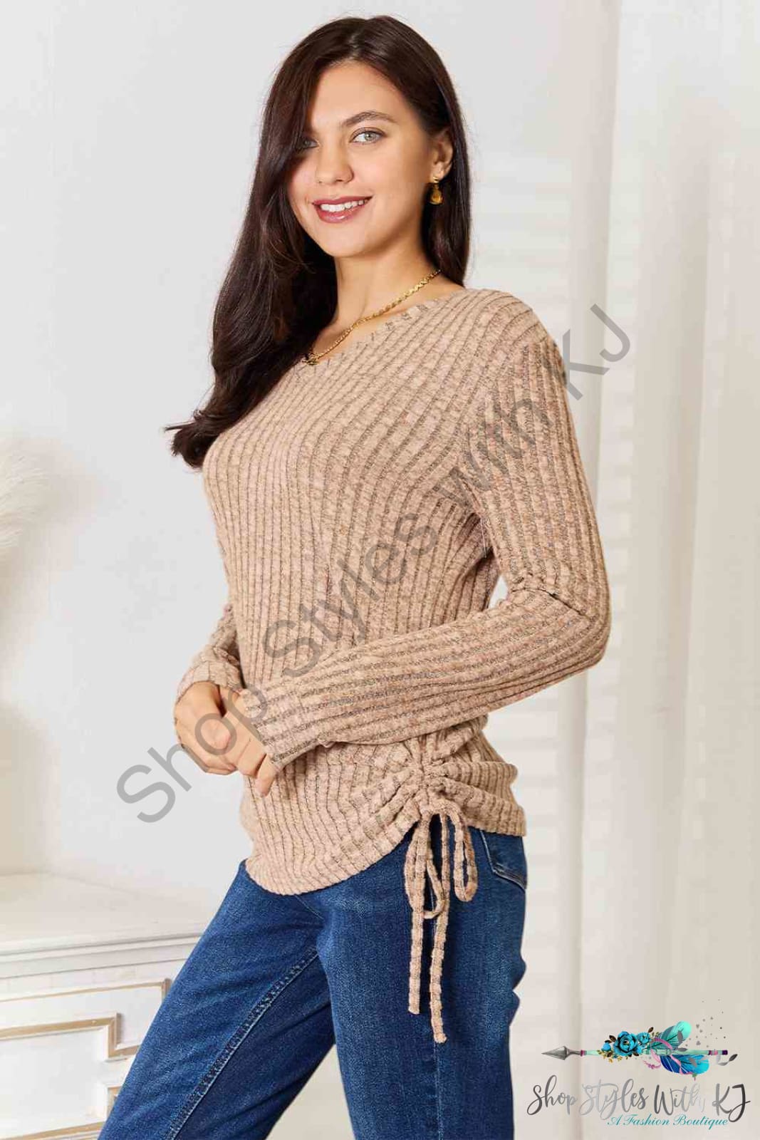 Drawstring Ribbed Long Sleeve T-Shirt Shirts & Tops