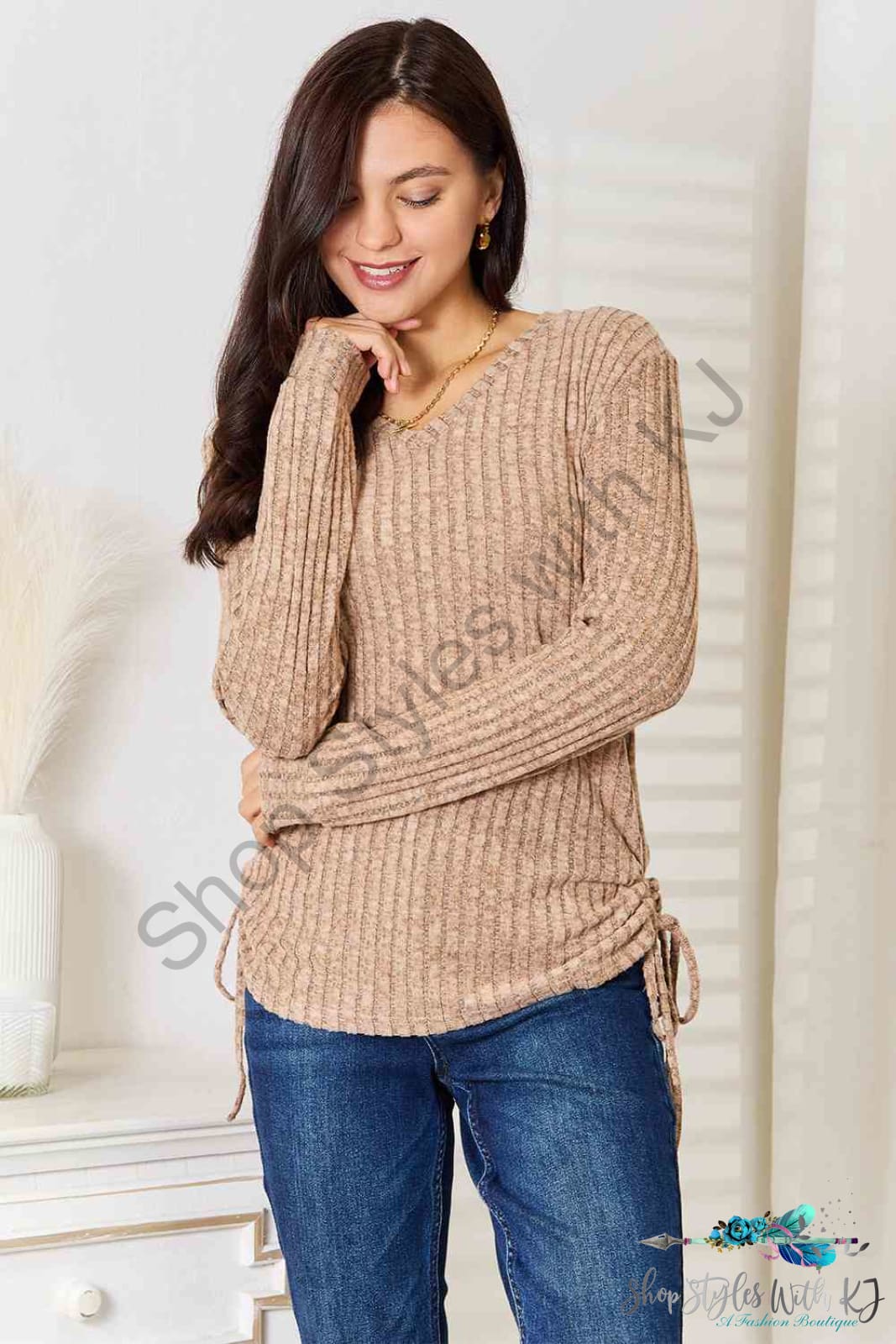 Drawstring Ribbed Long Sleeve T-Shirt Tan / S Shirts & Tops