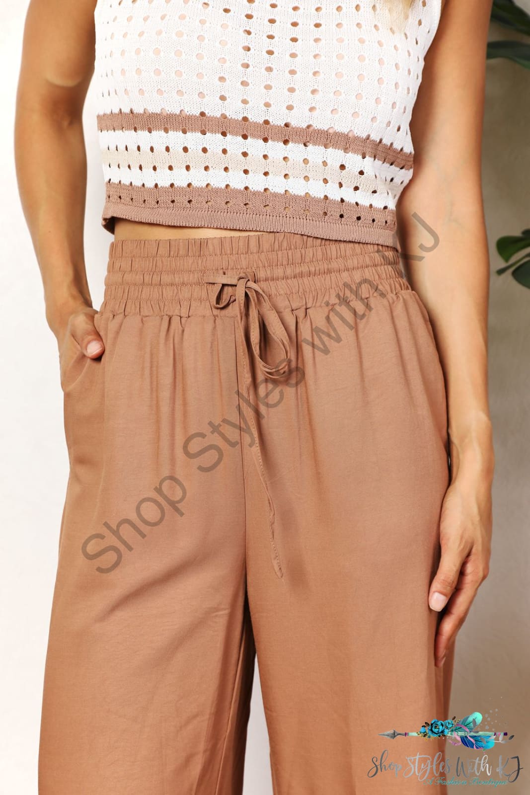 Double Take Drawstring Smocked Waist Wide Leg Pants