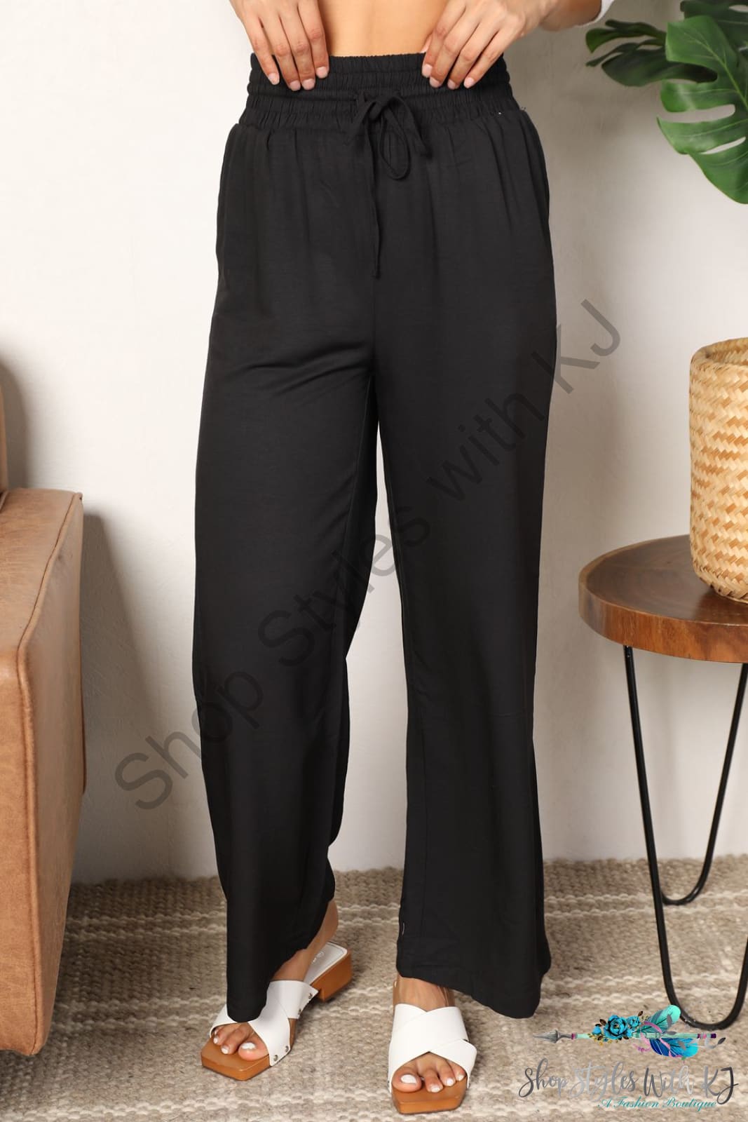 Double Take Drawstring Smocked Waist Wide Leg Pants Black / S