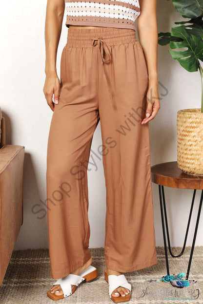 Double Take Drawstring Smocked Waist Wide Leg Pants Camel / S