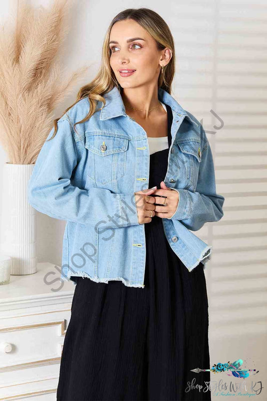 Double Take Dropped Shoulder Raw Hem Denim Jacket Medium / S Shirts & Tops