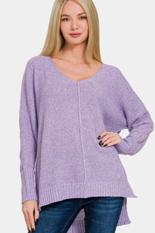 High-Low Center Seam V-Neck Sweater - Lavender