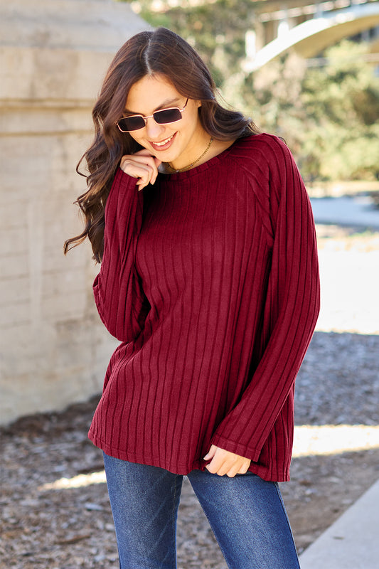 Ribbed Round Neck Long Sleeve Knit Top - 5 Colors