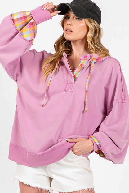 Plaid Print Mineral Washed Hoodie - Lilac