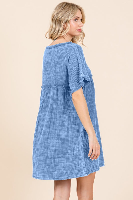 Short Sleeve Babydoll Texture Dress with Pockets - Dusty Blue