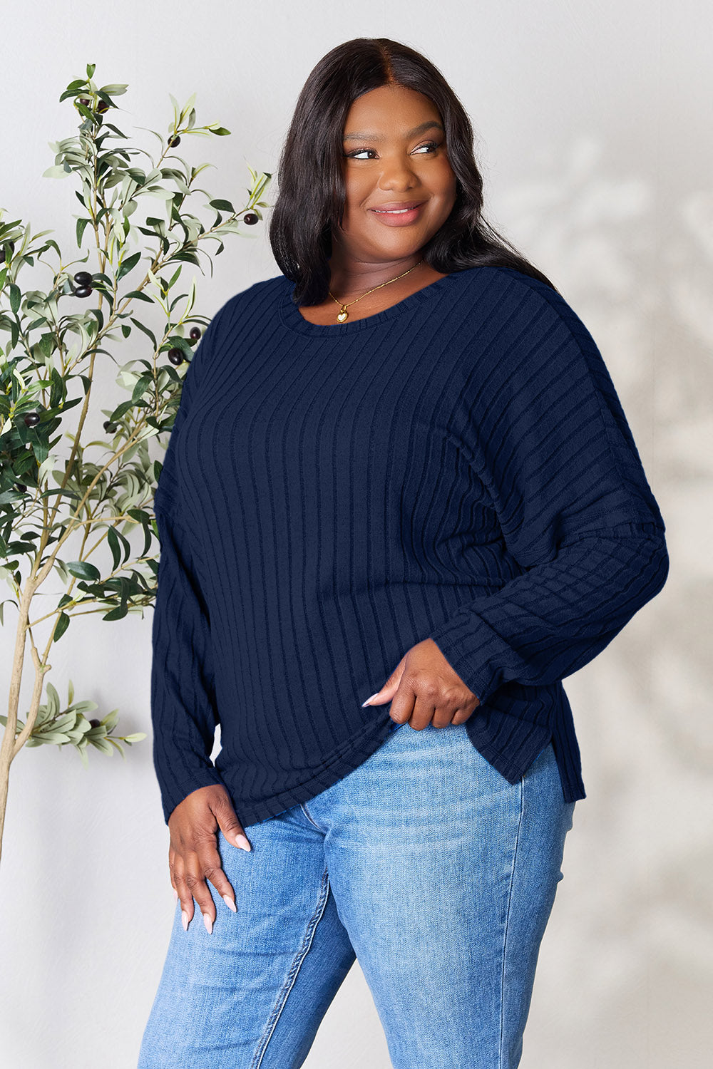 Ribbed Round Neck Slit Knit Top - 5 Colors