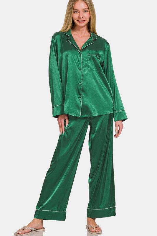 Satin Long Sleeve Shirt and Pants Pajama Set - Hunter Green