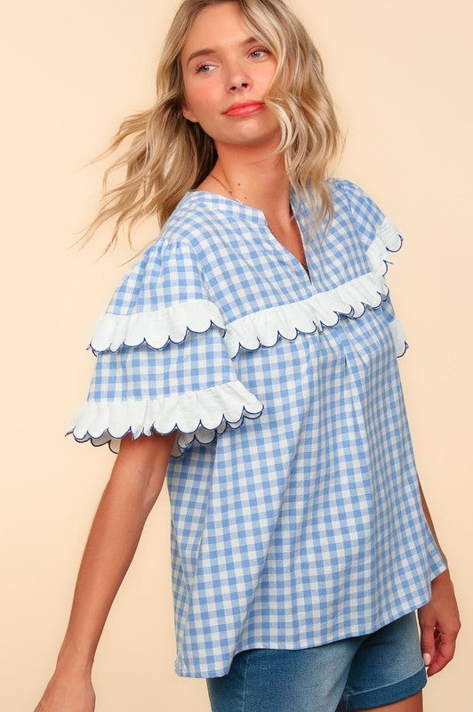 Plaid Scallop Hem Notched Short Sleeve Blouse