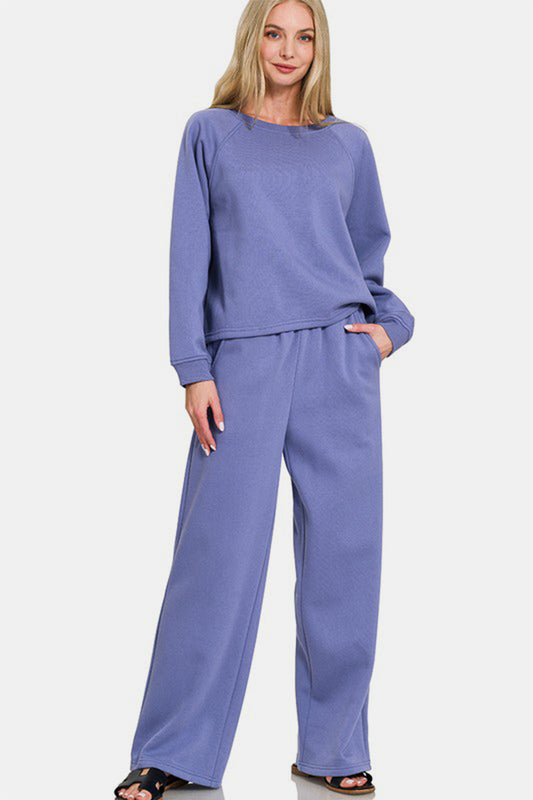 Round Neck Raglan Sleeve Top and Elastic Waist Pants Set - Marlin